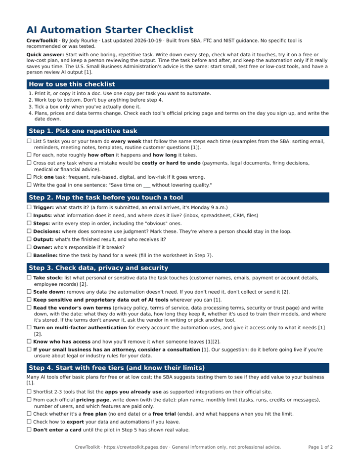 Preview of the first page of the AI Automation Starter Checklist for Small Business PDF